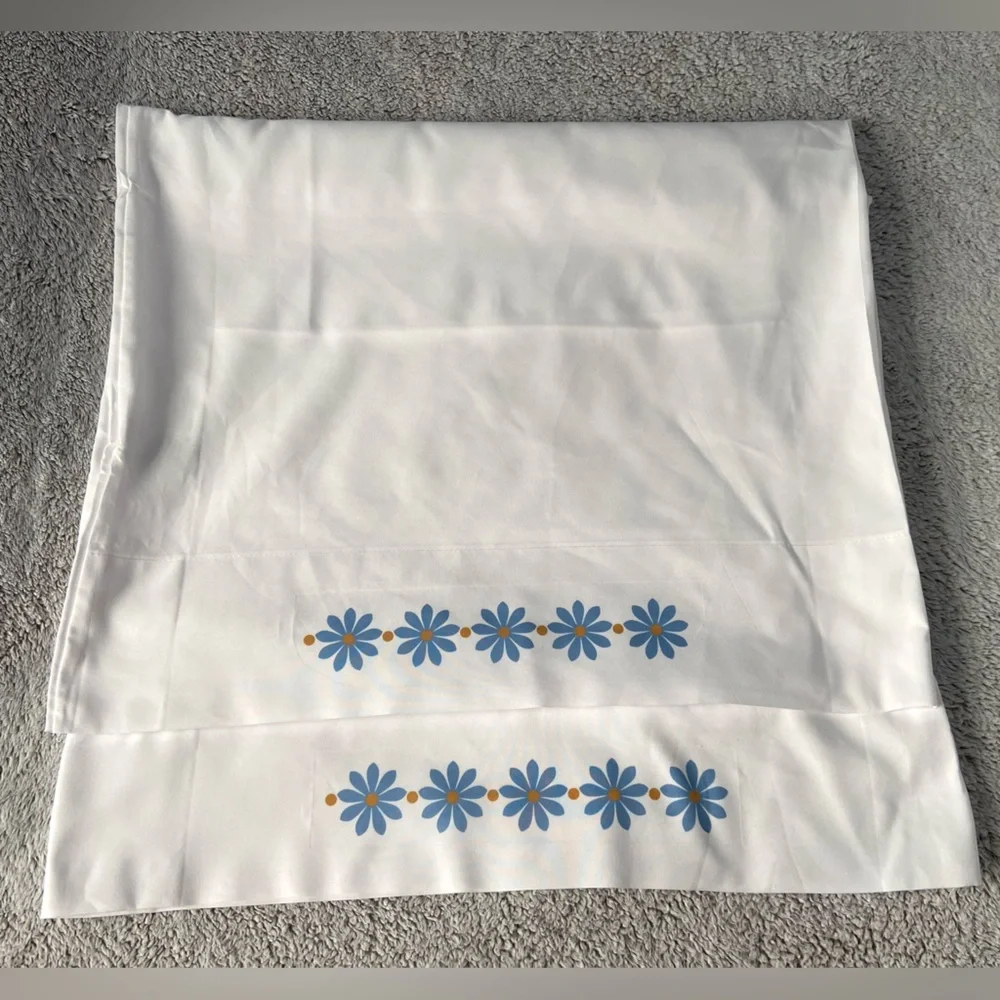 (2) White Pillowcase with Blue Floral Design